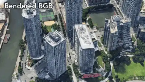3D language fields: a city-scale scene rendered in RGB and as a language feature field